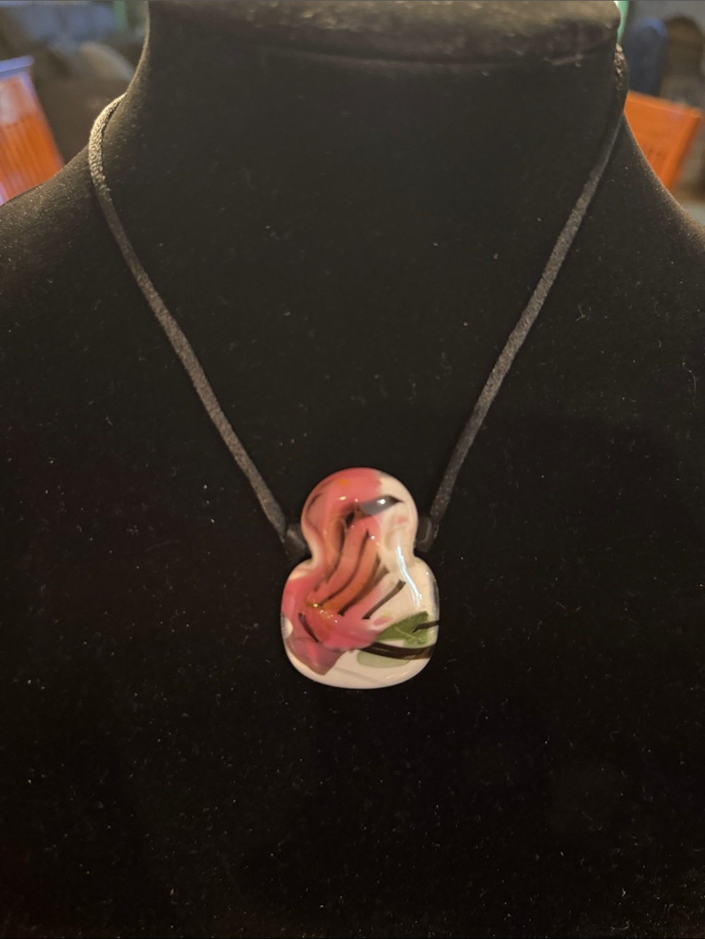 Pink Floral Ceramic Pendant Necklace on Black Cord